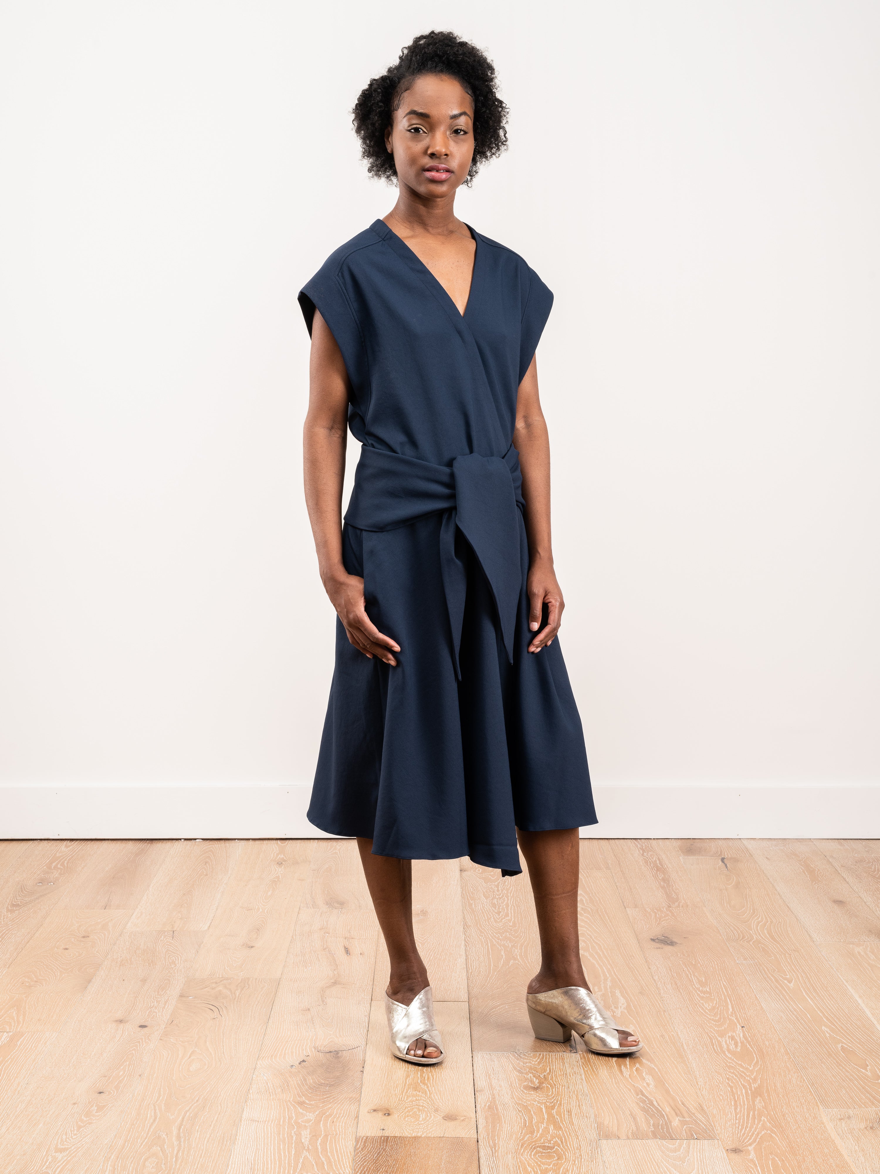 Tibi Chalky Drape Sleeveless Wrap Dress Navy